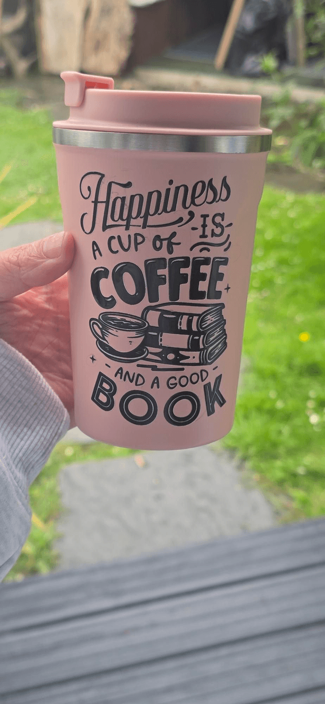 Coffee Tumbler – “Happiness is a Cup of Coffee and a Good Book” (Pink)
