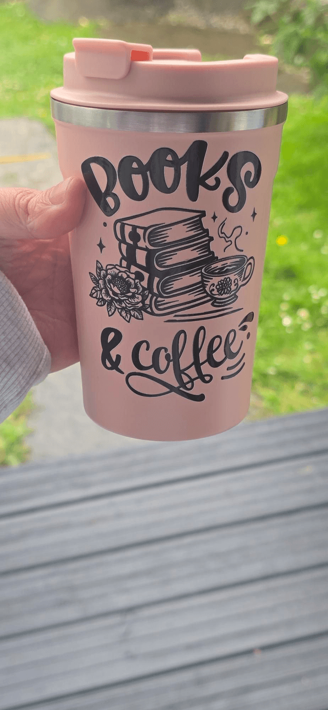 Coffee Tumbler – “Books & Coffee” Design (Pink)