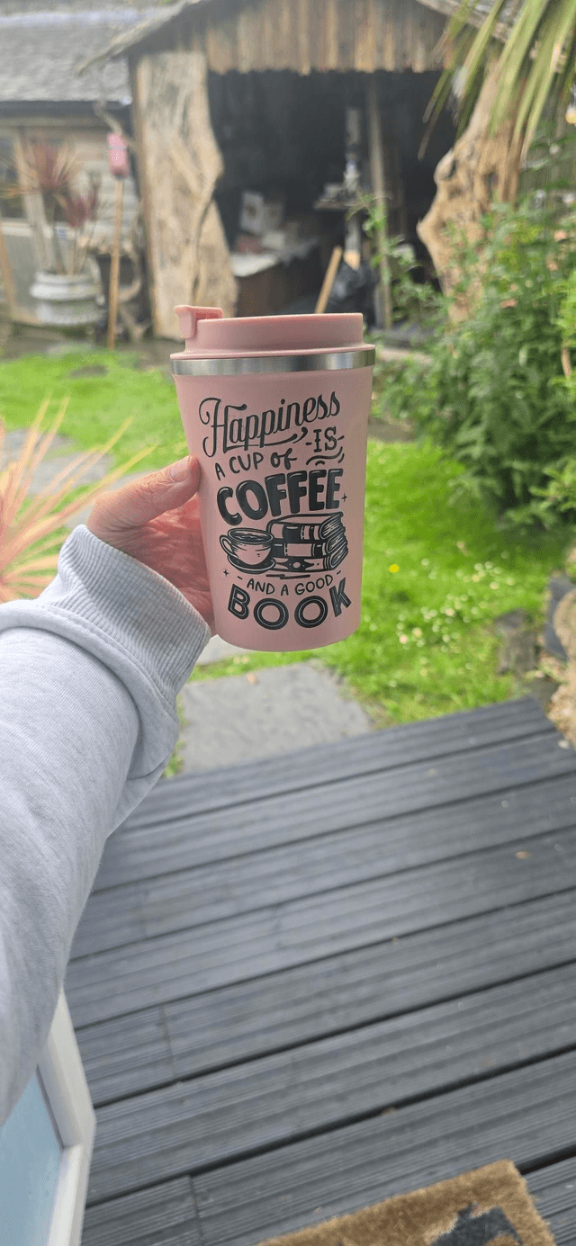 Coffee Tumbler – “Happiness is a Cup of Coffee and a Good Book” (Pink)