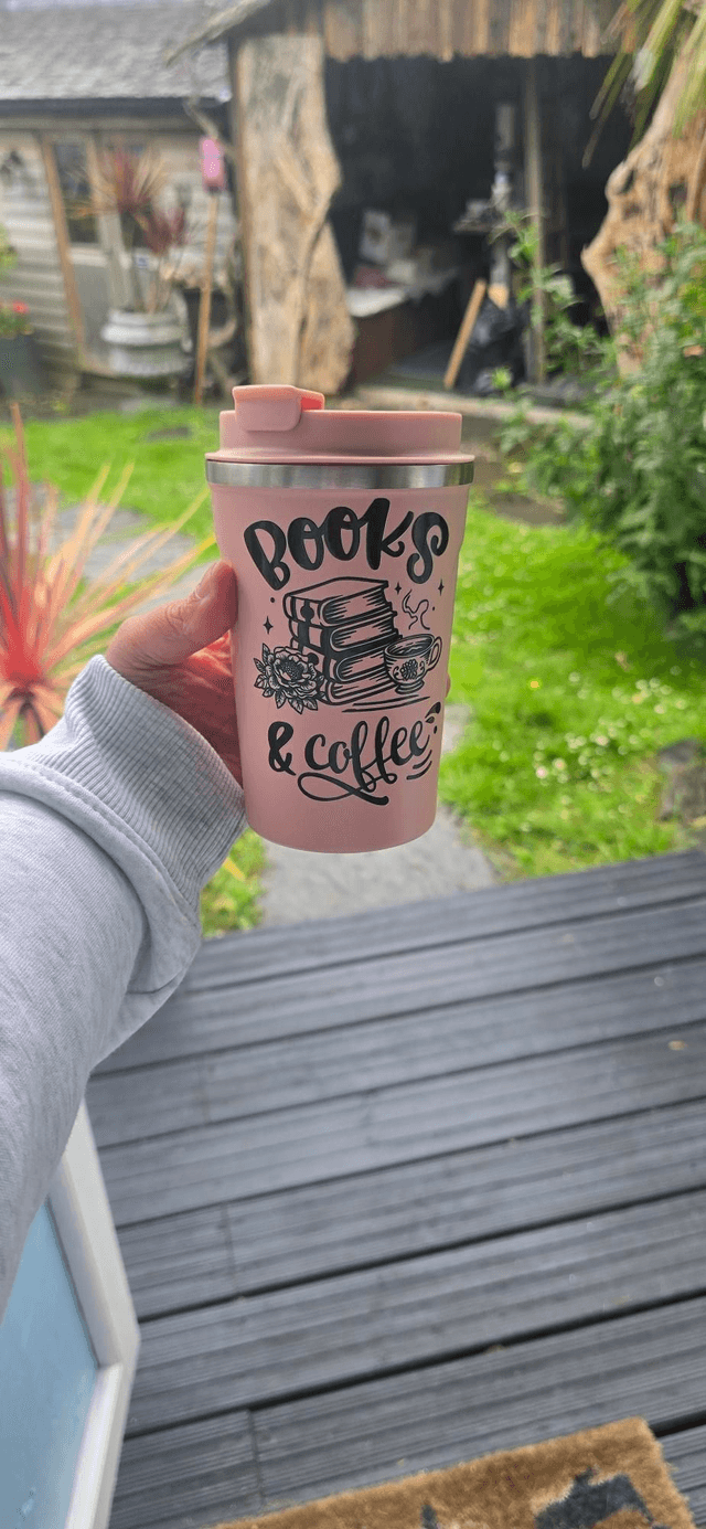 Coffee Tumbler – “Books &amp; Coffee” Design (Pink)